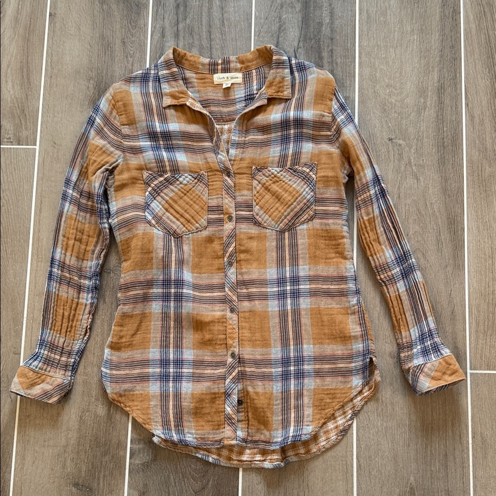 Cloth & Stone Tan and Blue Plaid Shirt